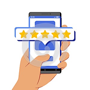 Hand Holding Smartphone With Five Stars Rating on Its Screen. Flat Design Style