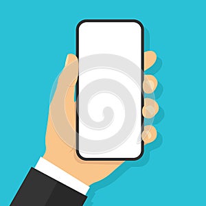 Hand holding smartphone. Flat style - stock vector