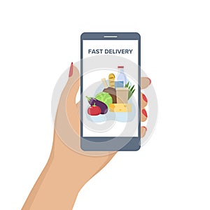 Hand holding smartphone with food delivery app. Flat vector illustration.