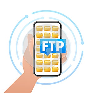 Hand holding a smartphone with FTP File Transfer Protocol icon and folders, concept for file sharing and data management