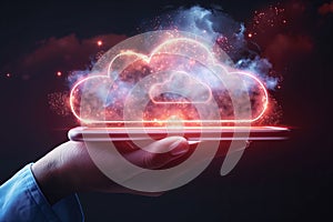 Hand holding smartphone with glowing cloud computing concept