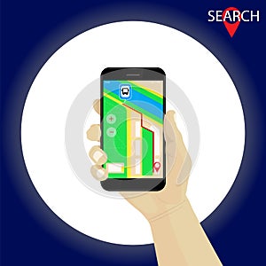 Hand holding smartphone with gps navigation map and route. Red m