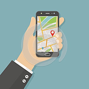 Hand holding smartphone with gps navigation map on screen. Mobile navigation concept. Flat vector illustration.