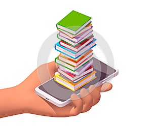 Hand Holding Smartphone With Heap of Books. Reading or Mobile Library App Concept