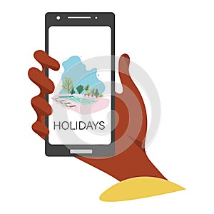 Hand holding a smartphone with holiday resort view and note holidays