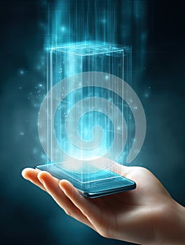 Hand Holding Smartphone With Holographic Interface Displaying Virtual Elements in a Futuristic Setting