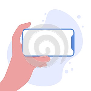 Hand holding smartphone horizontally with blank screen vector illustration. Phone with empty screen, phone mockup, app interface