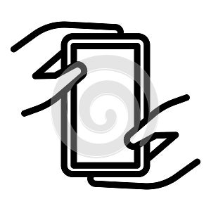 Hand holding smartphone icon outline vector. Touch phone