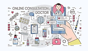 Hand holding smartphone with internet chat with doctor on screen against pills and medicines on background. Medical