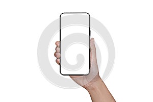 Hand holding Smartphone iPhone and isolated on white background for your mobile phone app or web site design, logo Global Busines