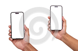 Hand holding smartphone isolated - Clipping Path transparent background photo