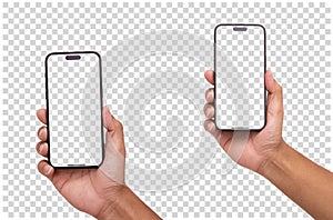 Hand holding smartphone isolated - Clipping Path transparent background photo
