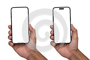 Hand holding smartphone isolated - Clipping Path transparent background photo