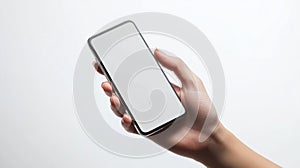 Hand holding smartphone isolated on white background - Clipping Path stock photo Telephone, Hand, Human Hand photo