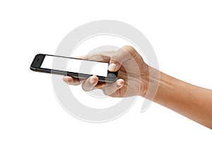 hand holding smartphone isolated on white background - clipping paths