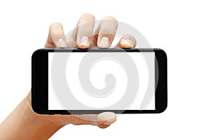 hand holding smartphone isolated on white background - clipping paths