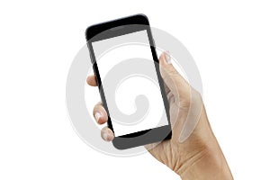 hand holding smartphone isolated on white background - clipping paths