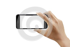 hand holding smartphone isolated on white background - clipping paths