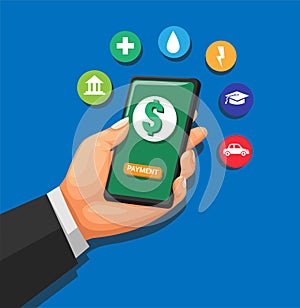 Hand holding smartphone with Mobile banking app financial and lifestyle concept in cartoon illustration vector
