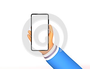 Hand holding smartphone mockup with blank white screen. Trendy cartoon 3d render illustration.