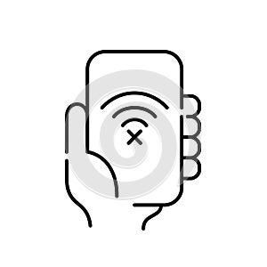Hand holding a smartphone with no wifi signal symbol. Pixel perfect icon