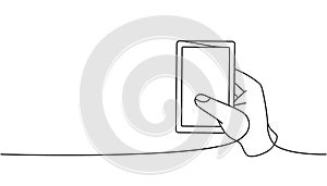 Hand holding smartphone one line continuous drawing. Hand with phone continuous one line illustration. Vector minimalist