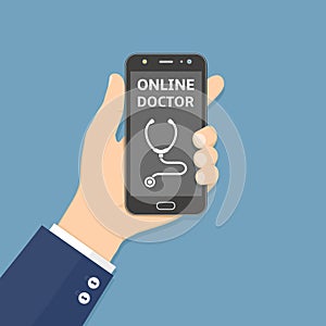 Hand holding smartphone with online doctor app on screen. Healthcare mobile service concept