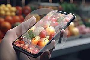 Hand Holding Smartphone with Online Grocery Store on Screen, AI Generative