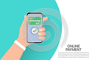 Hand holding smartphone with online payment system in a flat design