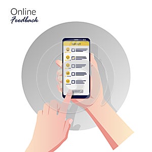 Hand holding smartphone with online survey application concept. User rating for customer feedback vector illustration