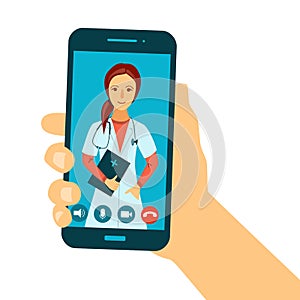 Hand holding smartphone with online video conversation with doctor. Online doctor concept.