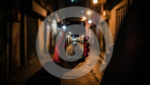 Hand holding smartphone, photographing city nightlife with street lighting equipment generated by AI