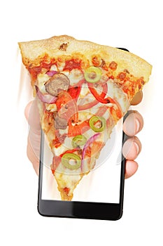 Hand holding smartphone with pizza