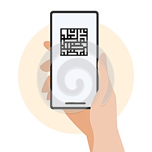 Hand holding smartphone with QR code scan concept.