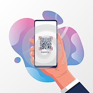 Hand holding smartphone with QR code vector illustration