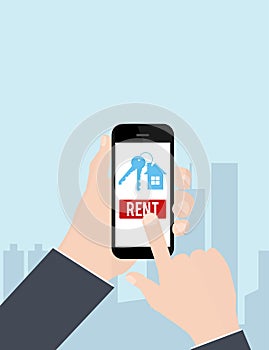 Hand holding smartphone with rent apartments, homes mobile application on screen. Vector illustration.