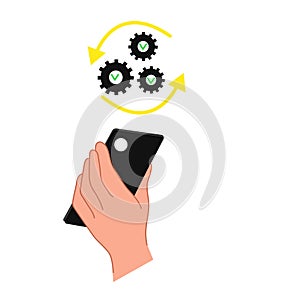 . Hand holding smartphone with rotating arrows and gear icons. Workflow optimization and task automation. Digital system photo