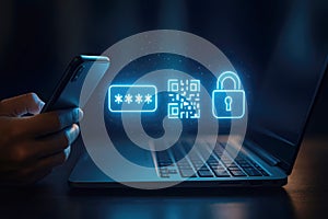 Hand holding smartphone scanning QR code with digital security icons for password and lock QR code