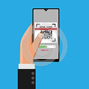 Hand holding smartphone and scanning QR code. Vector illustration..