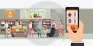 Hand holding smartphone with shopping app, Interior store inside, Grocery delivery internet order, Online supermarket concept