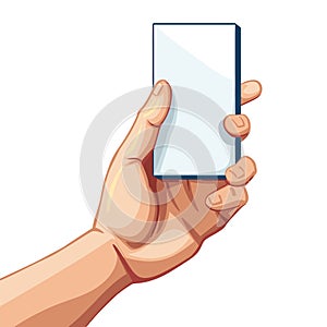 Hand holding smartphone showing blank screen, ready content display. Cartoon representation human photo