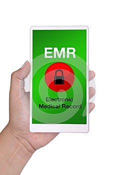 Hand holding smartphone showing electronic medical record menu o