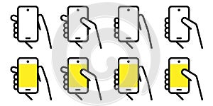 Hand holding smartphone, simple line drawing mobile screen vector icon illustration material set