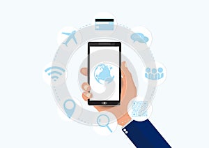 Hand holding smartphone with social media communication icons, business technology concept