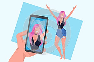 Hand holding smartphone and taking photo on camera casual woman raising hands standing pose female cartoon character