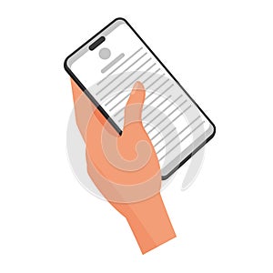 Hand holding smartphone with text on screen, person reading digital book