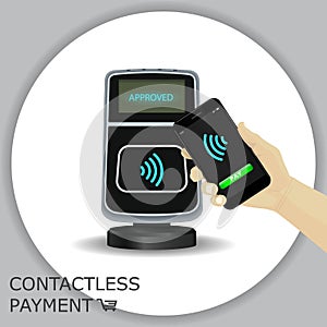 Hand holding smartphone to pay for products by mobile payments.