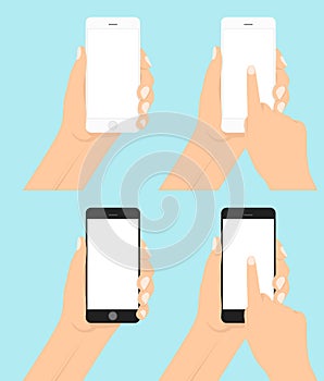 Hand holding smartphone and touching screen. Flat vector illustration.