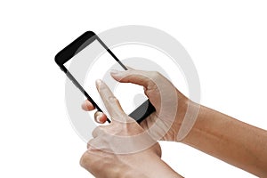 hand holding smartphone and touching screen isolated on white background - clipping paths