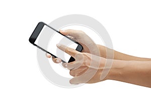 hand holding smartphone and touching screen isolated on white background - clipping paths